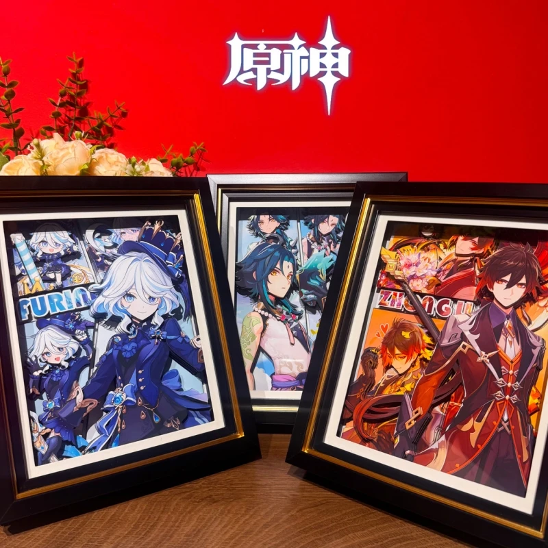 Game Genshin Impact Figure Unique 3d Art Painting Furina Xiao Zhongli Cartoon Character Collect Ornaments Bedroom Decor Gifts