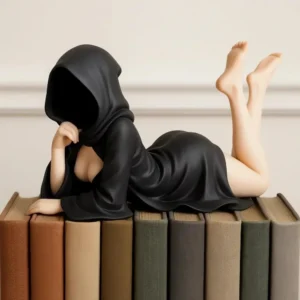 3D Mysterious Halloween Statue Gothic Black Robe Queen Figure Bookshelf Sculpture Spooky Sitting Statues Desktop Ornaments Gifts