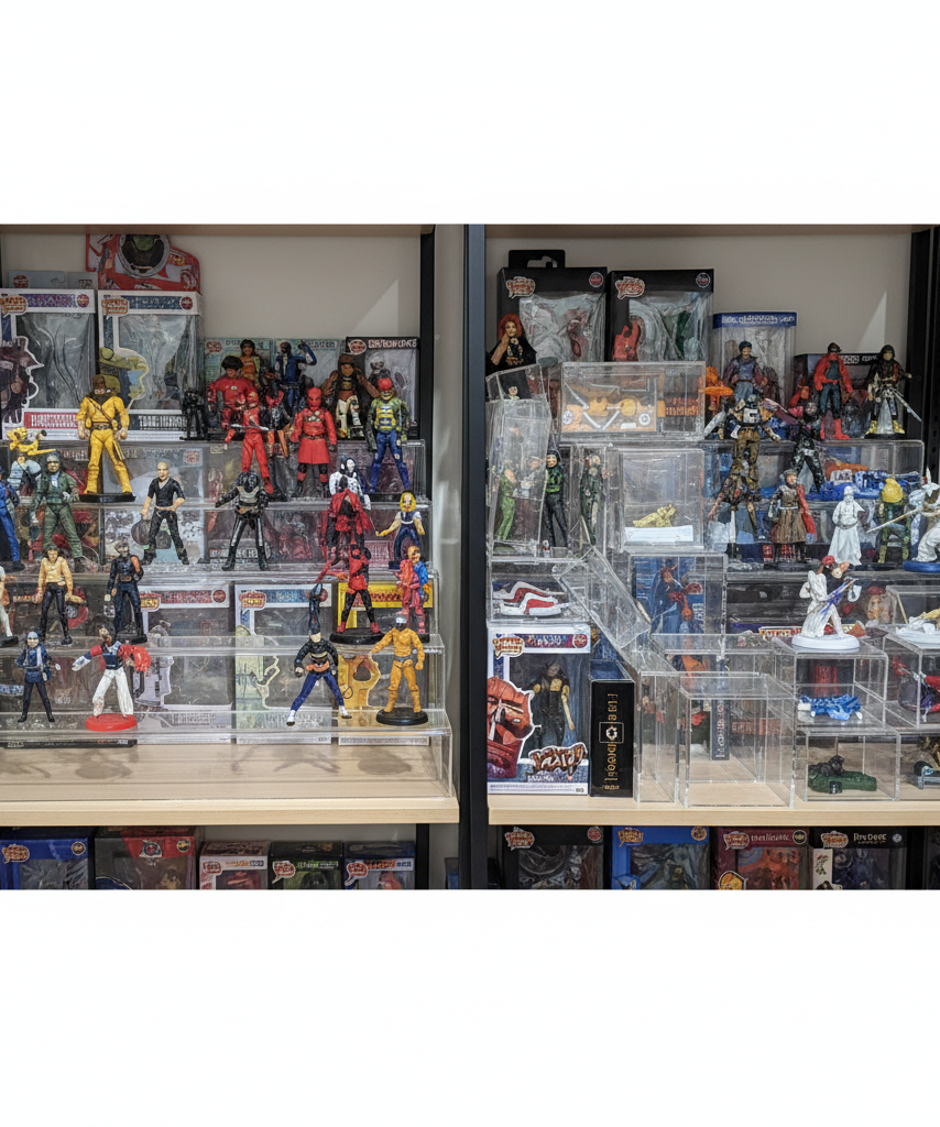 Well-used versus overcrowded acrylic riser setup for anime figures