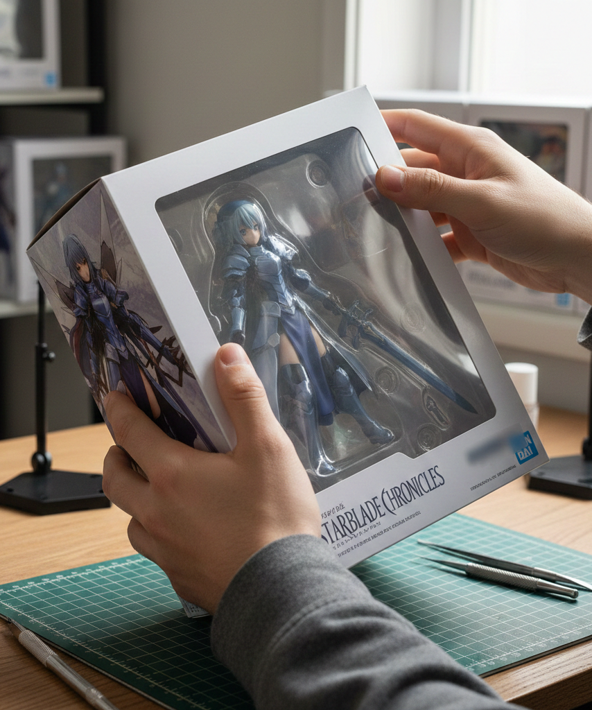 Collector inspecting an anime figure box before purchase