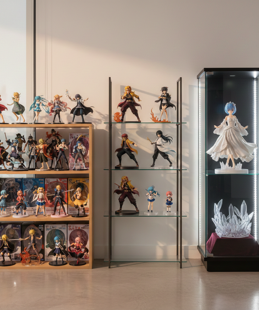 Comparison of anime figure budget tiers across display shelves