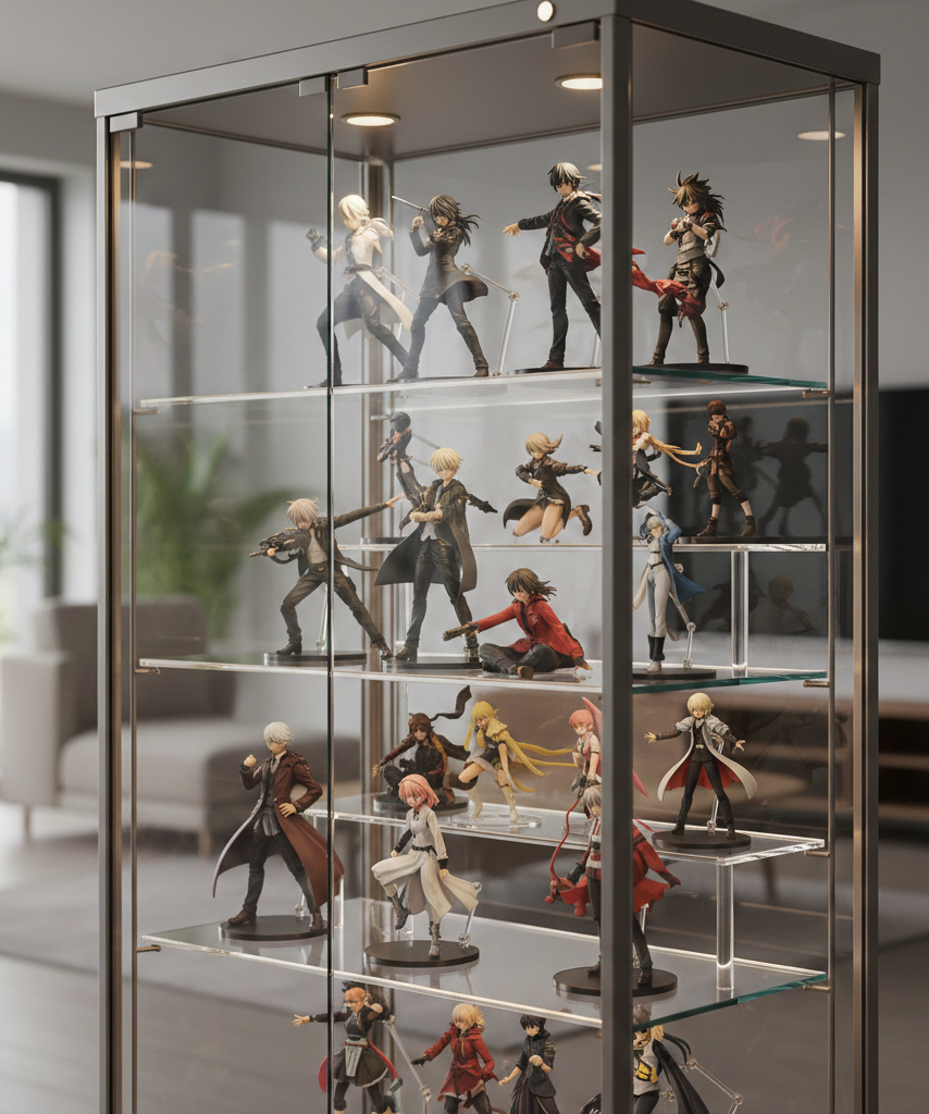 Clean anime figure display inside a glass cabinet