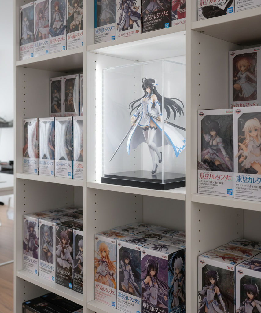 Organized anime figure storage with acrylic case protection