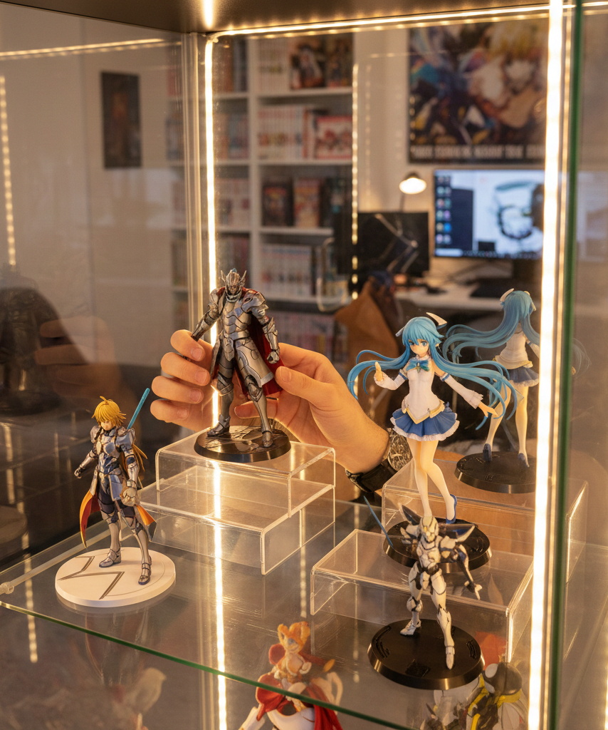 Collector arranging premium anime scale figures in an illuminated cabinet