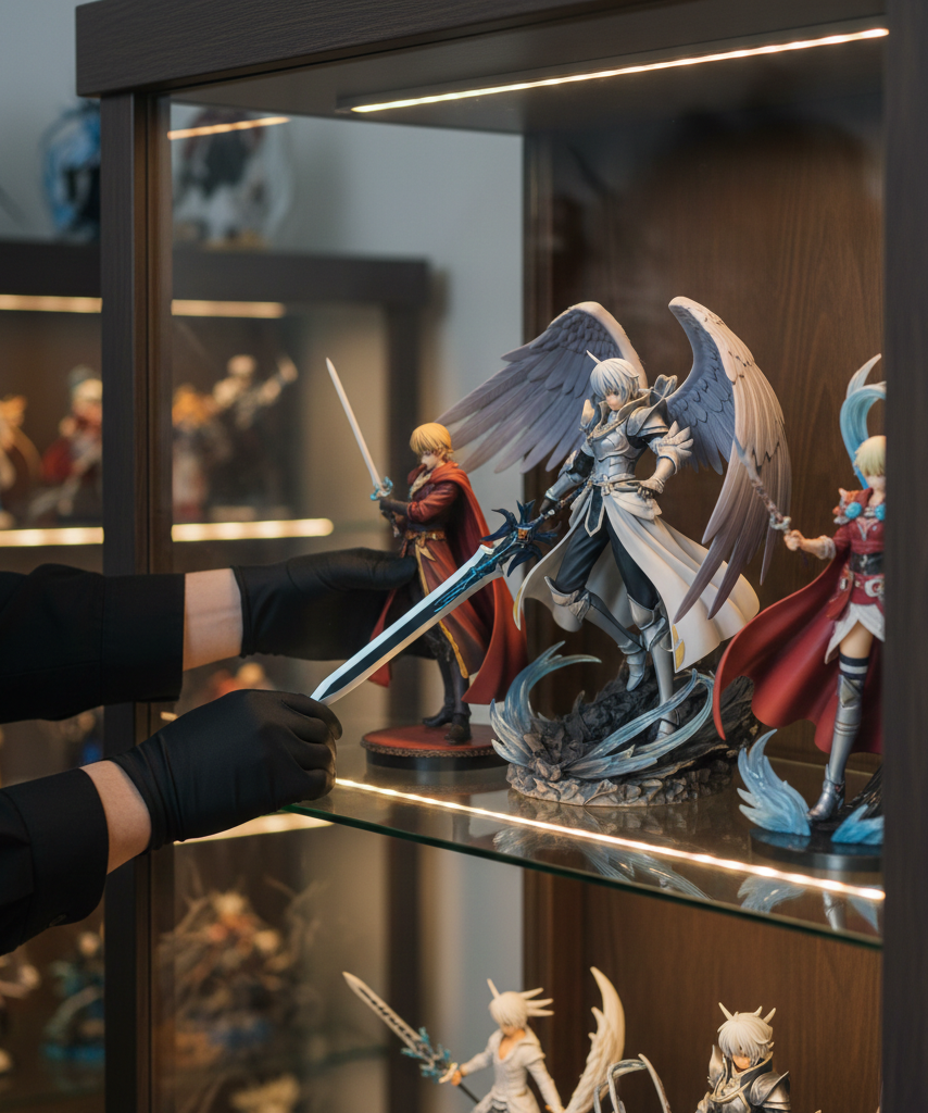 Collector arranging premium anime figures in a glass display cabinet