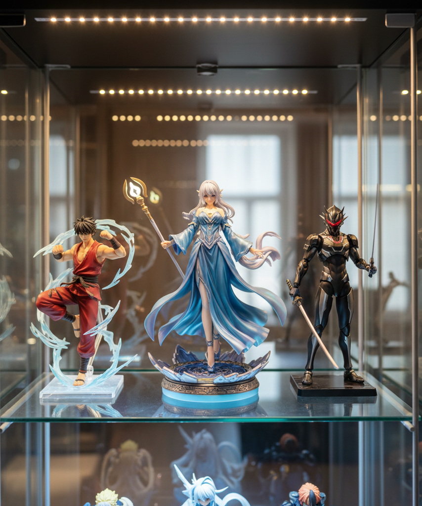 Balanced premium anime figure display with fantasy and action characters