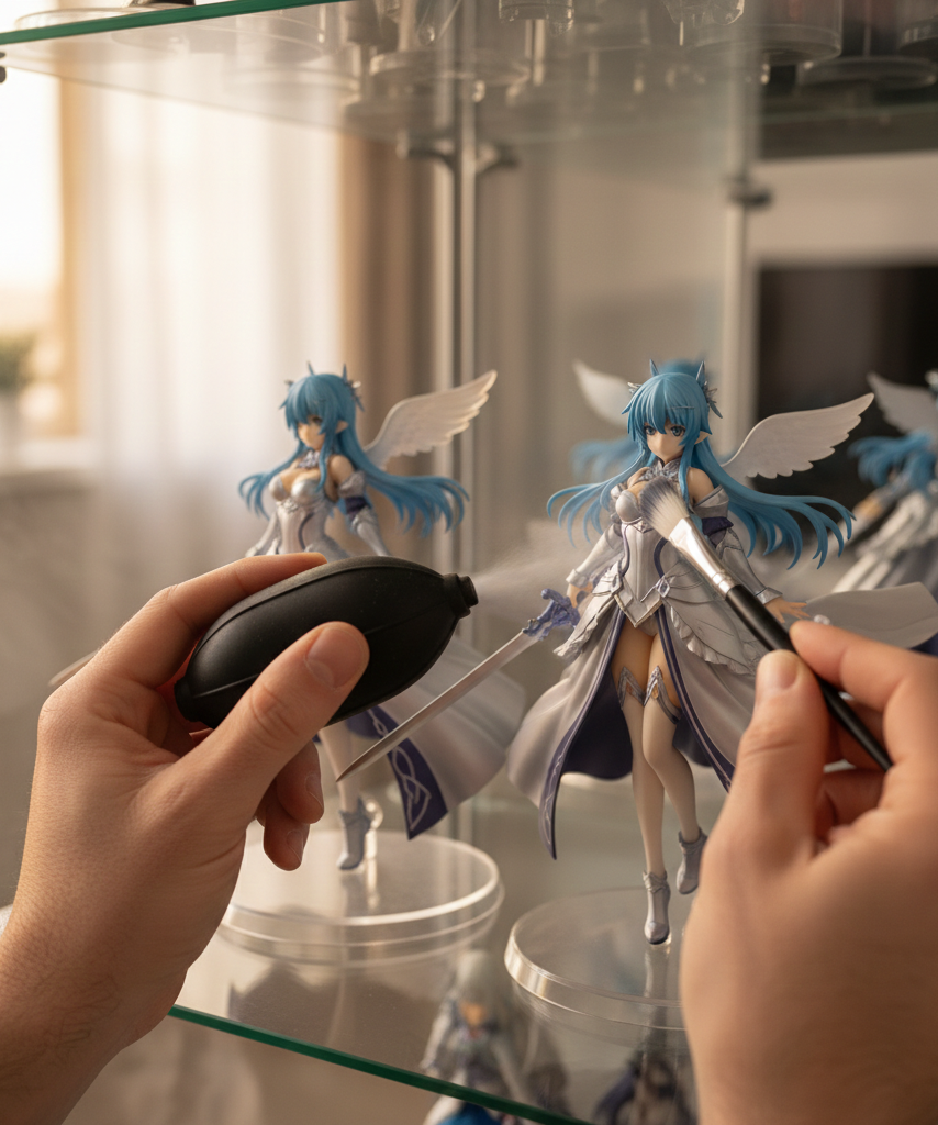 Collector gently cleaning a delicate anime figure