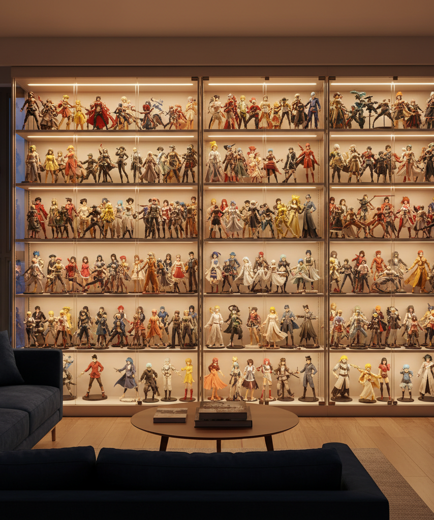 Collector room with protected anime figures and timed LED shelf lighting