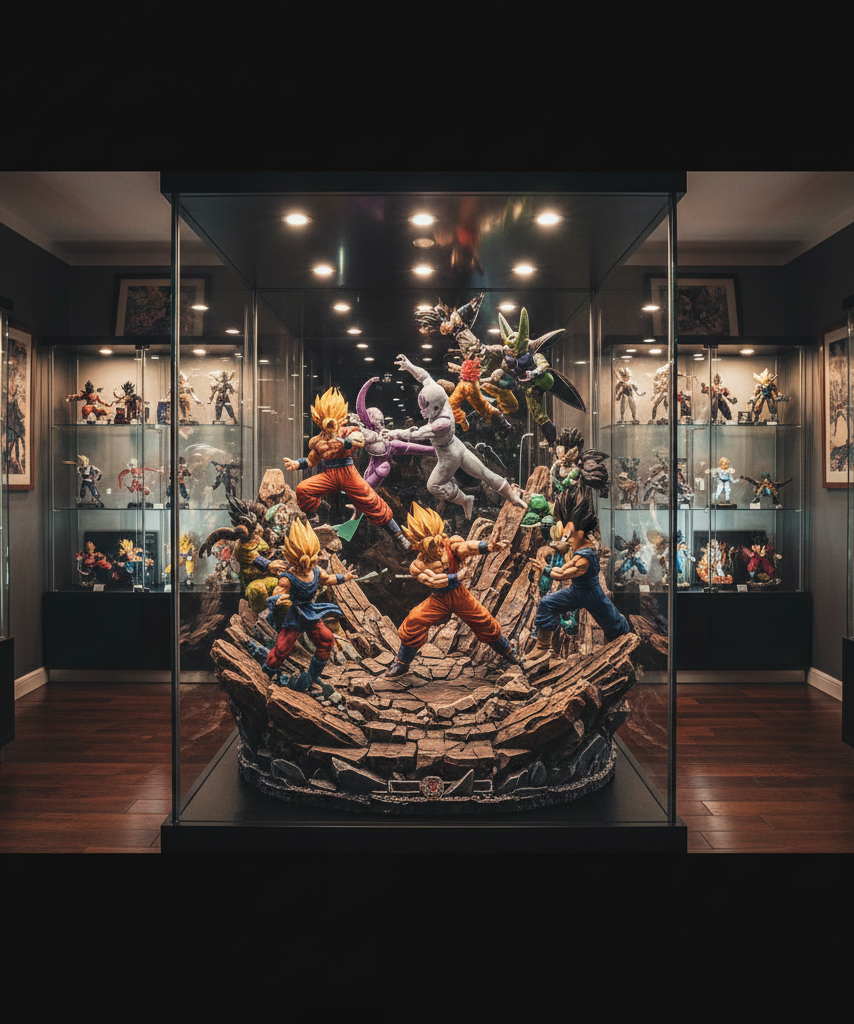 Large Dragon Ball Z battle diorama centerpiece in collector room