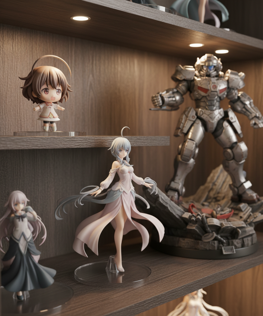 Comparison of prize, 1/7 scale, and larger anime figures on shelves