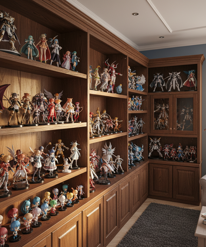 Anime figure shelves with different depth sizes in a collector room