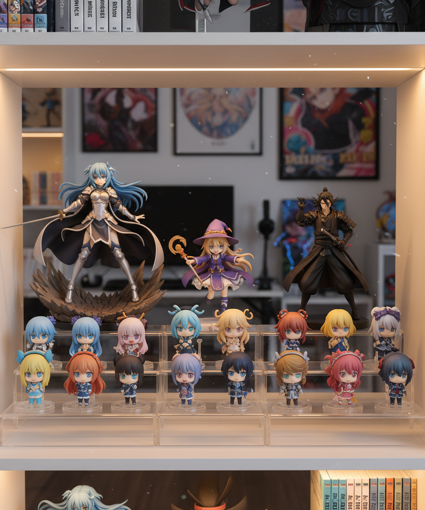 Large and small anime figures arranged in a readable mixed-scale shelf layout