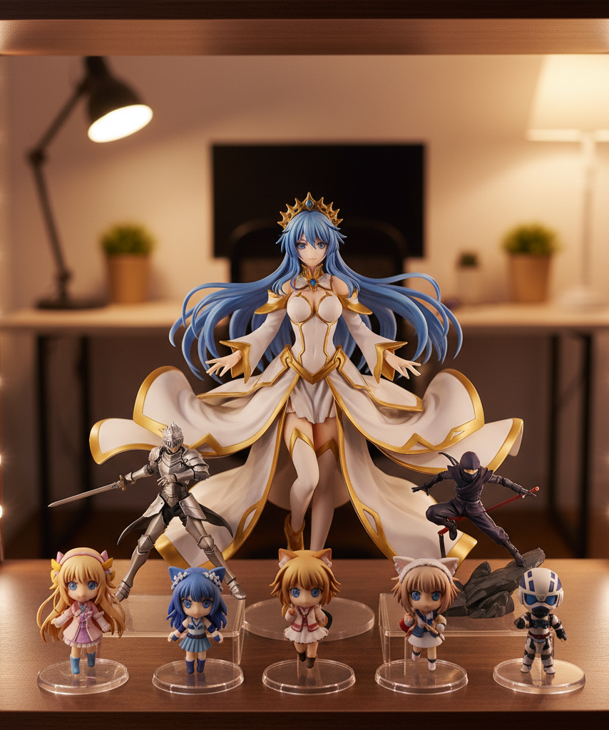 Anime figure display using risers and staggered depth to preserve sightlines