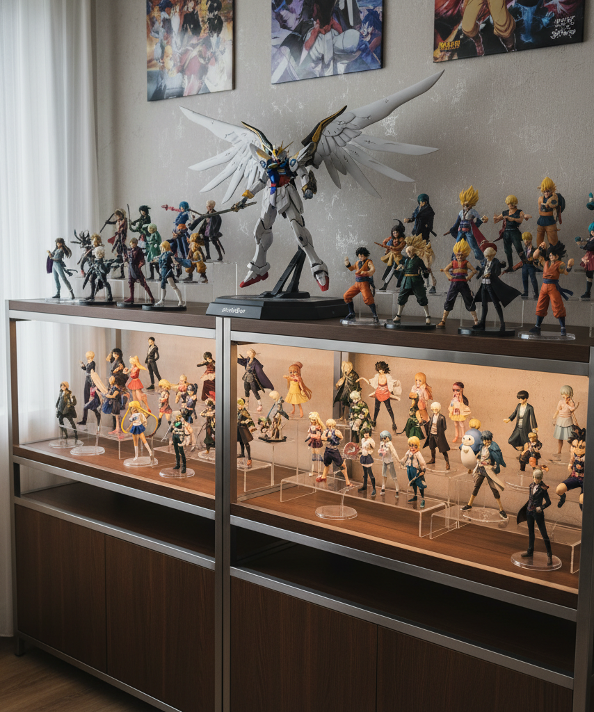 Mixed-scale anime figure shelf with clear visibility and balanced lighting