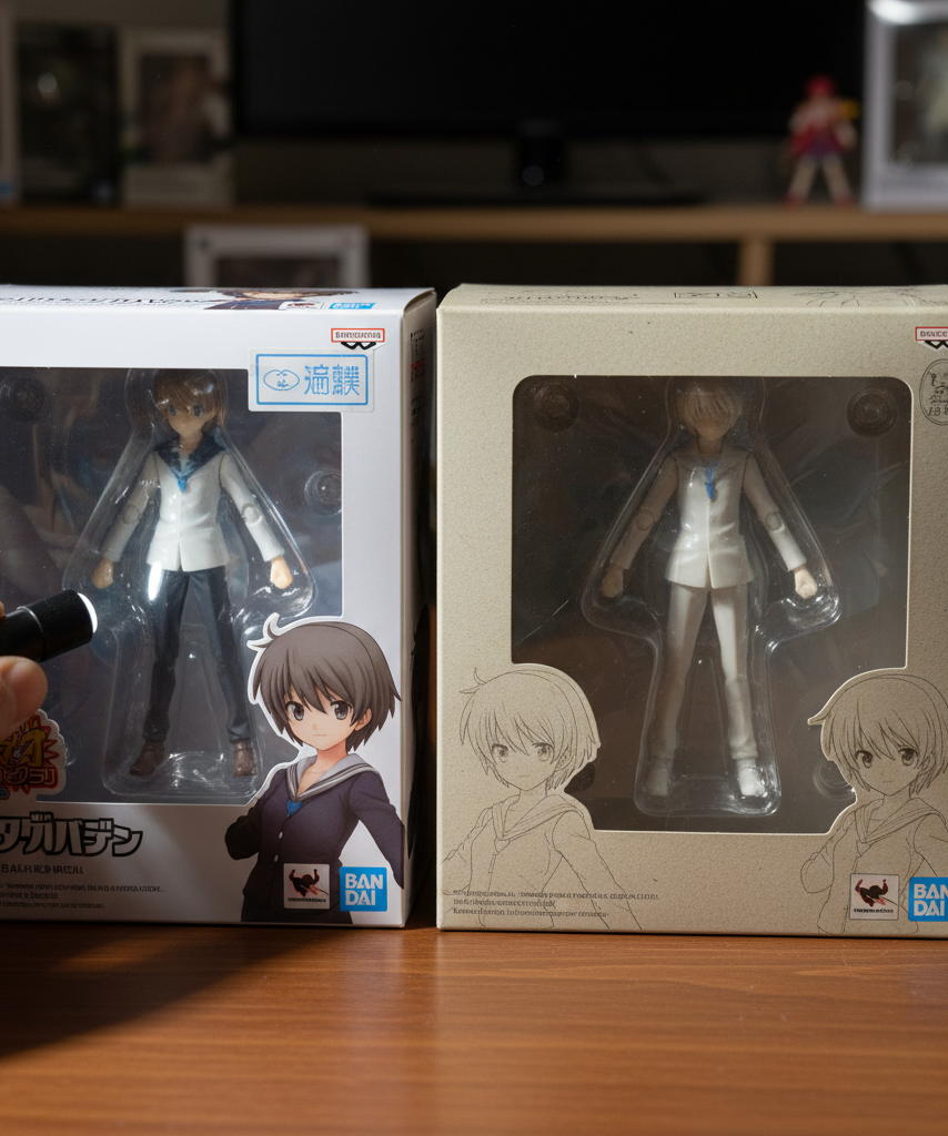 Close-up inspection of anime figure box details and packaging quality