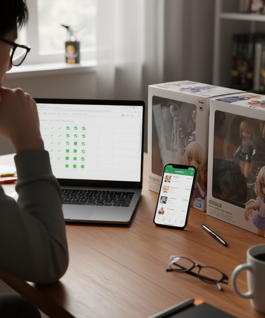 Collector reviewing an anime figure authenticity checklist before ordering