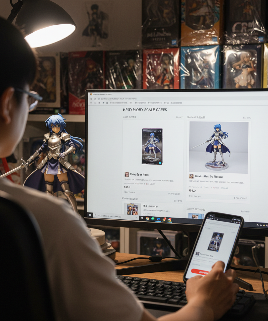 Collector comparing legitimate and suspicious anime figure marketplace listings