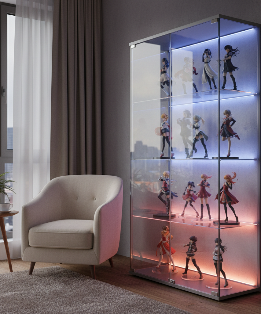 Premium anime figure display cabinet illustration