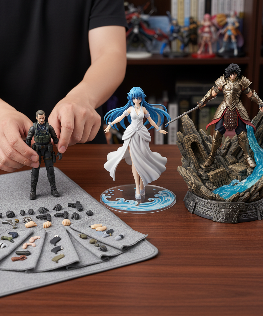Collector comparing action figure, scale figure, and statue on a desk