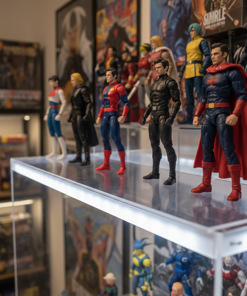 Diffused LED strip close-up on figure shelf