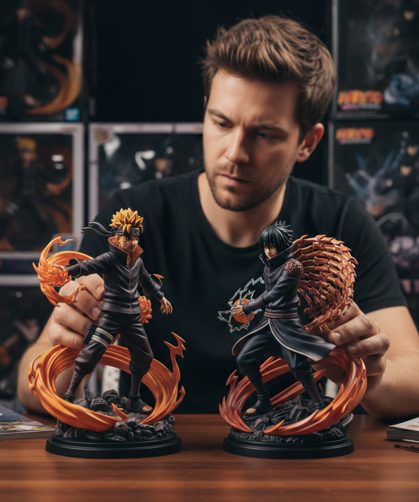 Collector inspecting Naruto figures