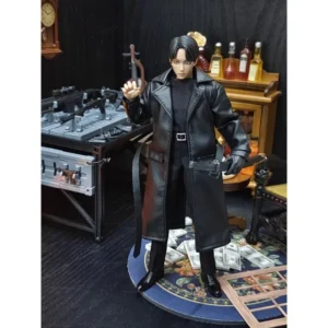 1/12 Scale Male Soldier Black Trend Mid-length Leather Trench Coat Clothes Accessories for 6" Action Figures Body Model