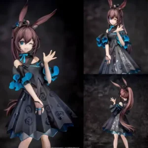 Cute Bunny Girl Figure with Brown Hair, Long Rabbit Ears, Black Dress with Blue Ruffles - Collectible Figurine for Desktop Decor
