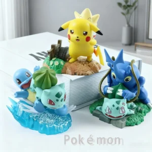 8-10cm 3pcs Anime Pokemon Pikachu Squirtle Bulbasaur Scene Figures Office Desktop Ornament Model Car Decoration Gift Collectible