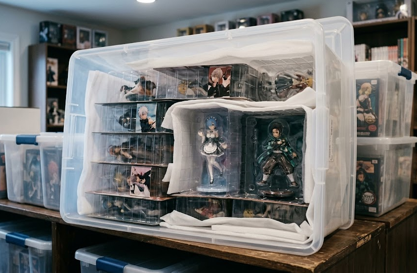 Anime figures stored safely in a plastic storage bin with separated padding