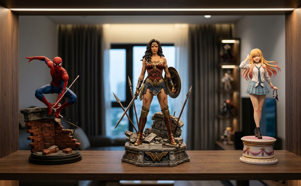 Action figure, statue, and scale figure displayed side by side on a collector shelf