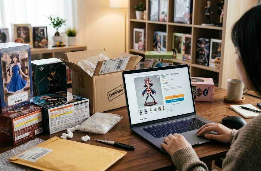 Anime figure shopping setup showing a trustworthy online store browsing scene