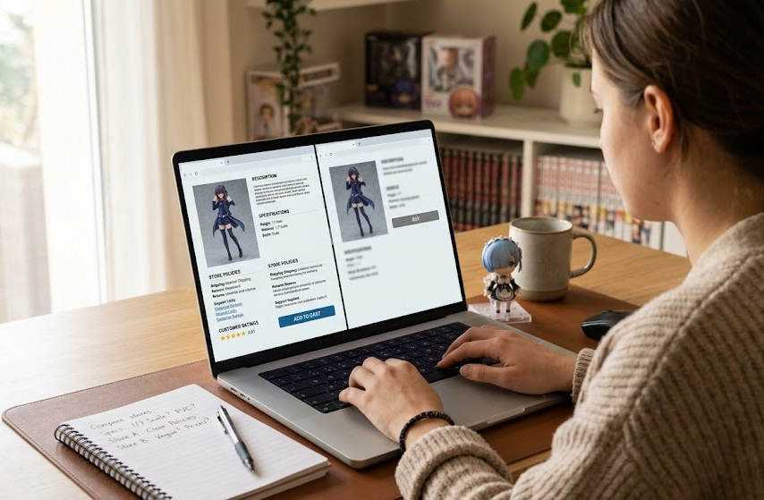 Beginner comparing anime figure store product pages before a first order