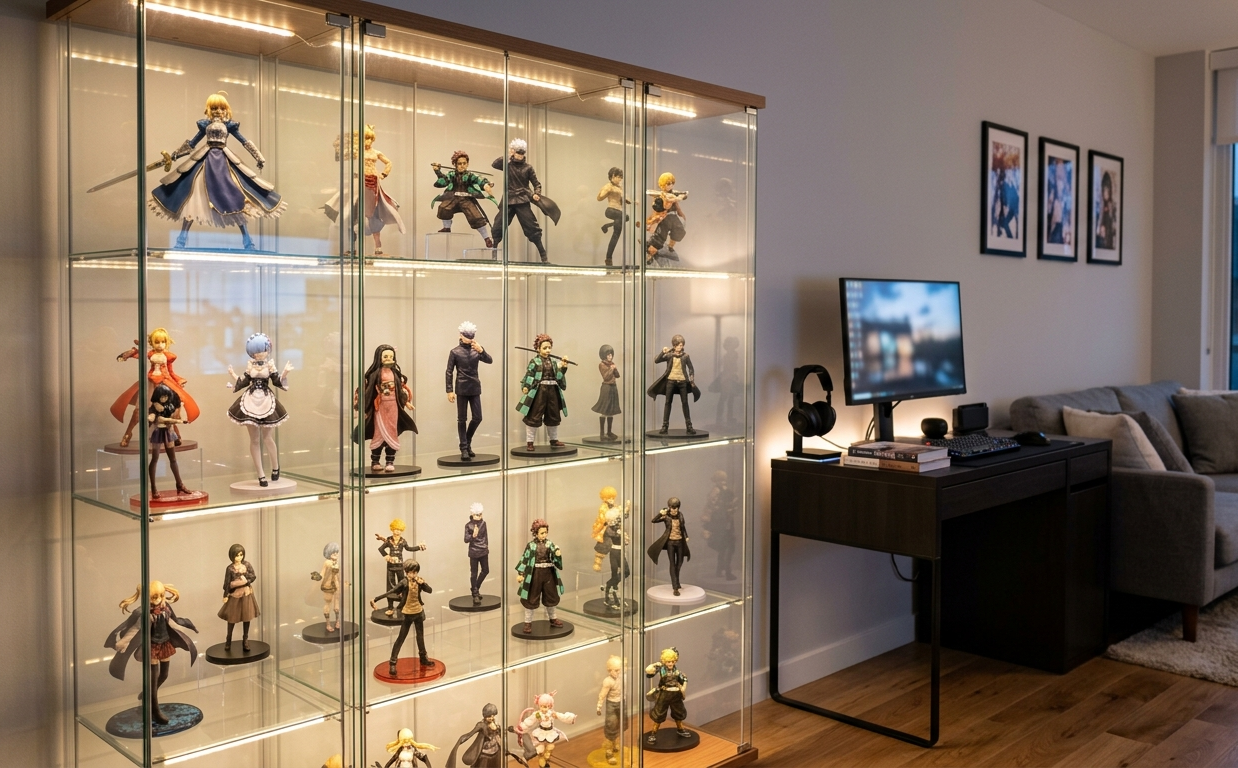Anime figure display cabinet with glass doors and warm lighting in a compact collector room