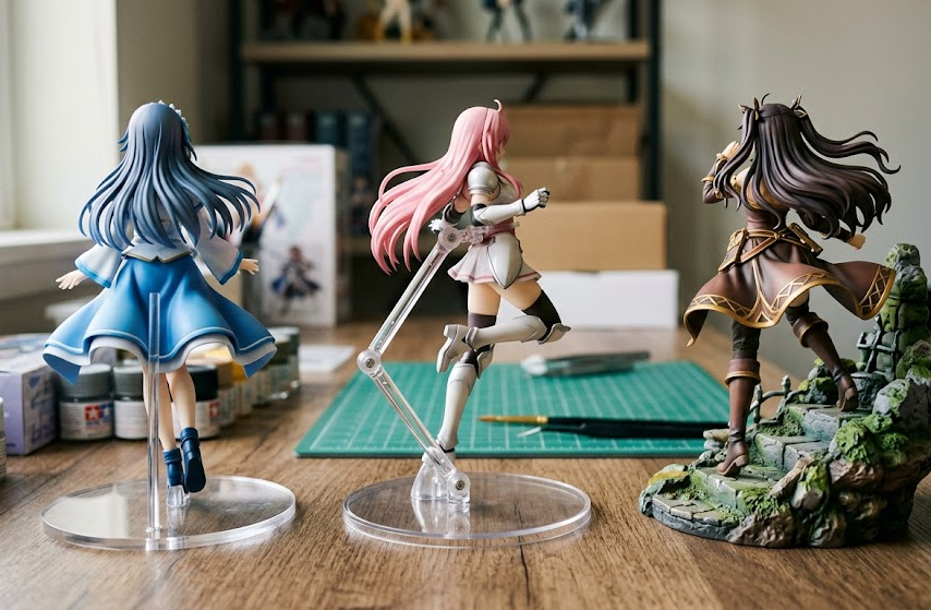 Anime figure stand replacement options including peg base and support arm