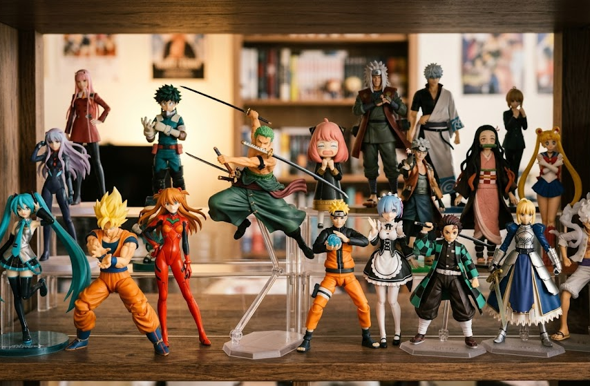 Anime figures displayed with risers and one support stand on a crowded shelf