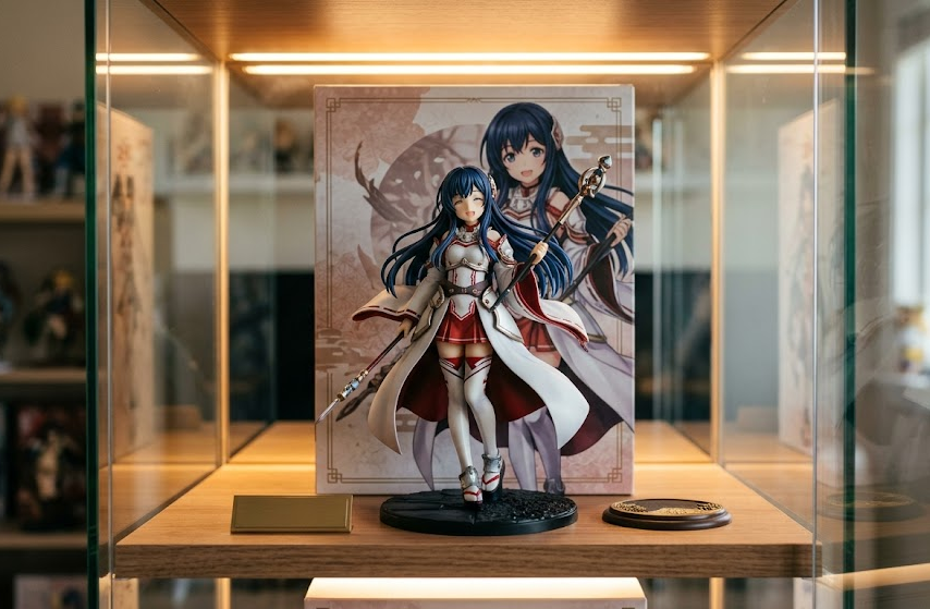Anime figure displayed in front of its box without blocking the sculpt