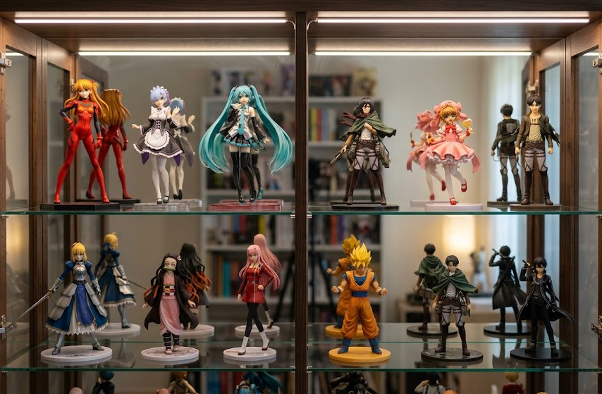 Anime figure display case with front-edge and side LED strip placement