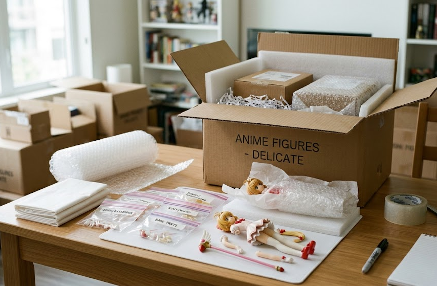 Anime figure packing station for moving with wrapped parts and labeled accessories