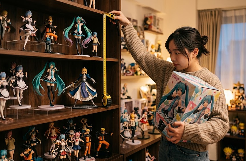Anime figure gift buying checklist with shelf space and scale comparison