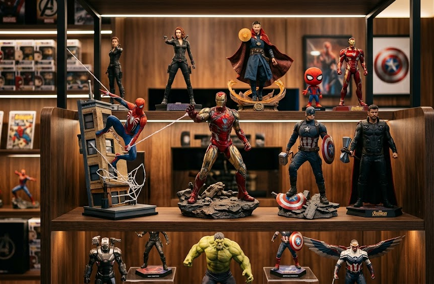 Premium Marvel collector shelf display with gift-worthy statues and figures