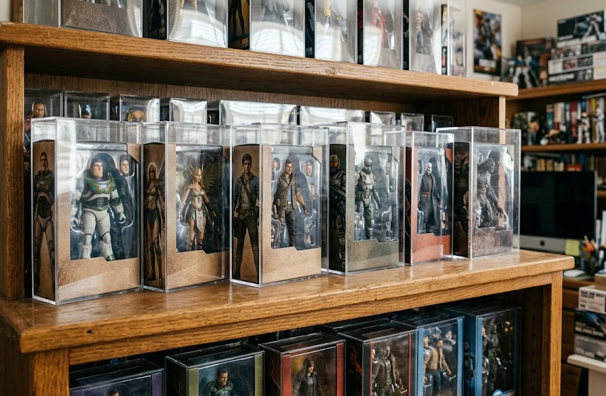 Boxed action figures inside clear protective cases