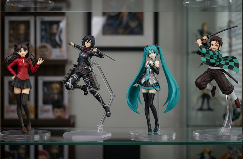 Anime figure display shelf showing different stand types for stability and dynamic poses