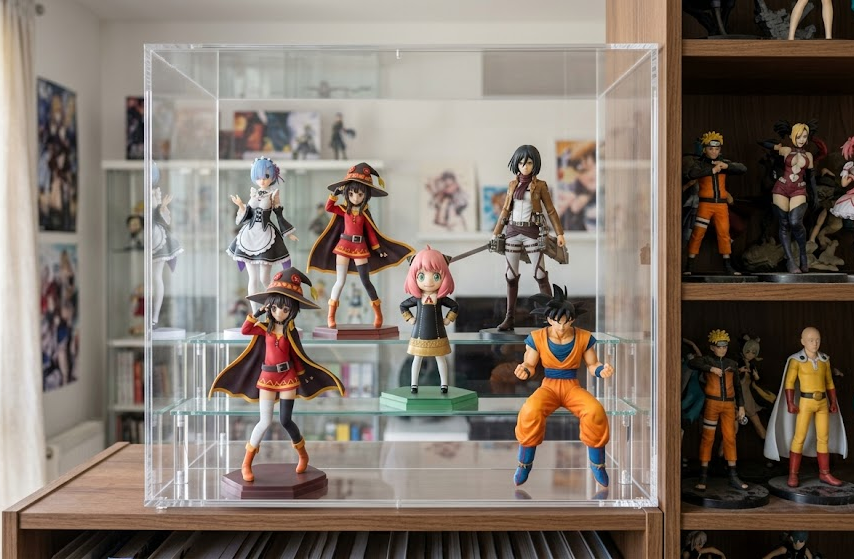 Anime figures displayed inside a clear acrylic case next to an open shelf for comparison