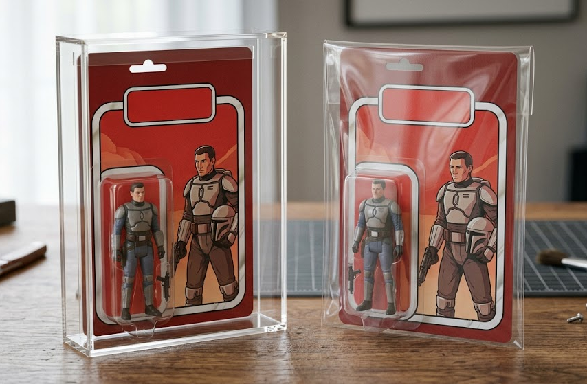 Collector comparing acrylic and PET action figure protectors