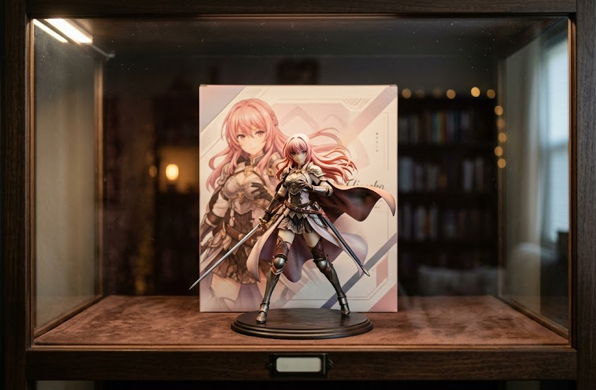 Anime figure box display with soft lighting and low glare