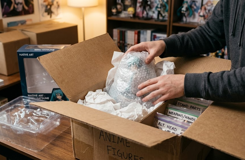 Packed anime figure in cushioned moving box with separated accessories