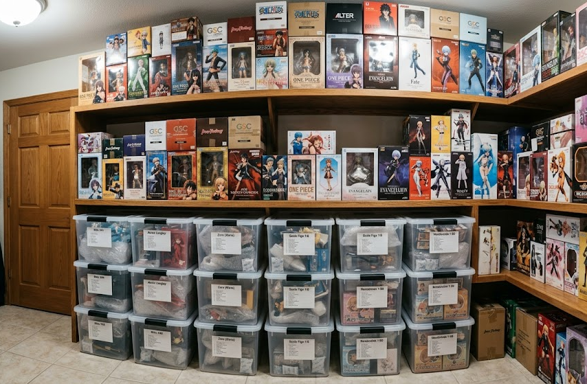Organized anime figure storage area