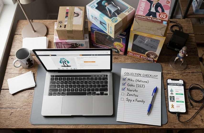 Collector using a checklist to evaluate cheap anime figure store legitimacy