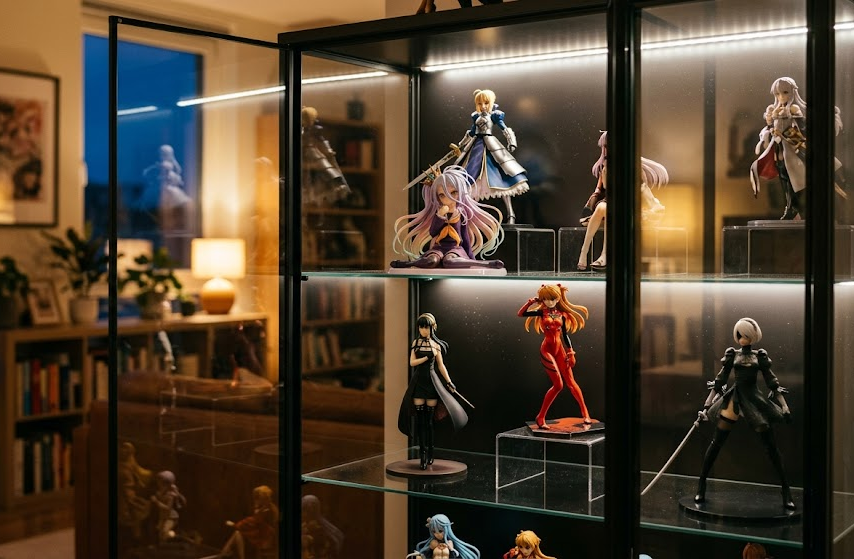 Anime figure display case with clean enclosed setup