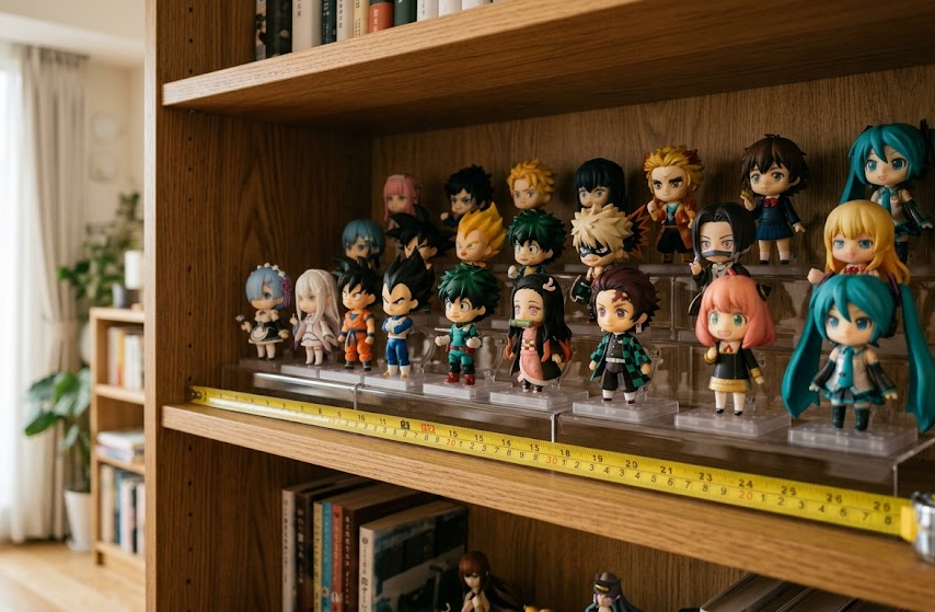 Anime figure display planning for limited shelf space